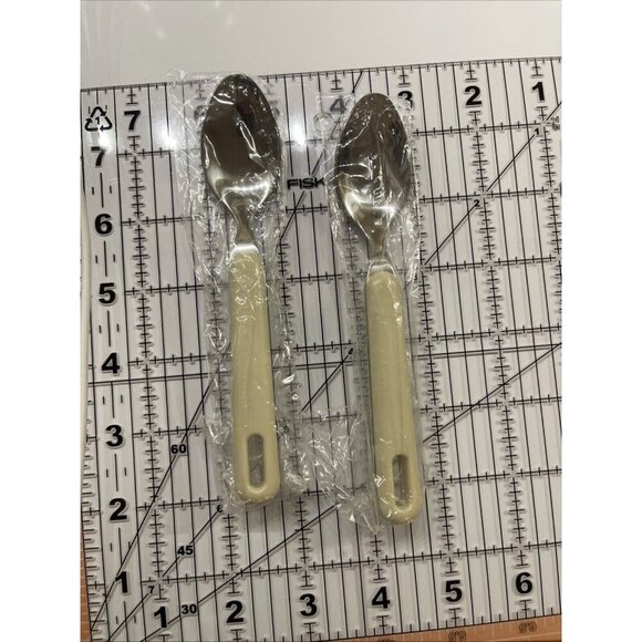 NEW UNUSED Vintage Set Of 2 Stainless Steel Spoons Off White Melamine Handles 6” - Picture 8 of 8